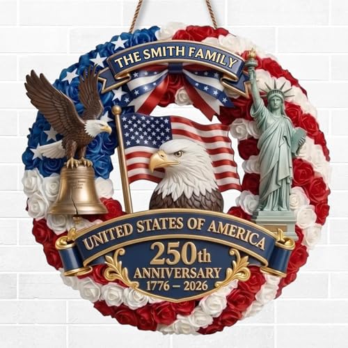Personalized 250th Anniversary Patriotic Wood Wreath Door Sign 1776-2026, Custom Family Name Round Door Hanger, Independence Decor, Decoration Gifts, Gift For Mom, Dad, Brother, Family /15 - color: Design 15