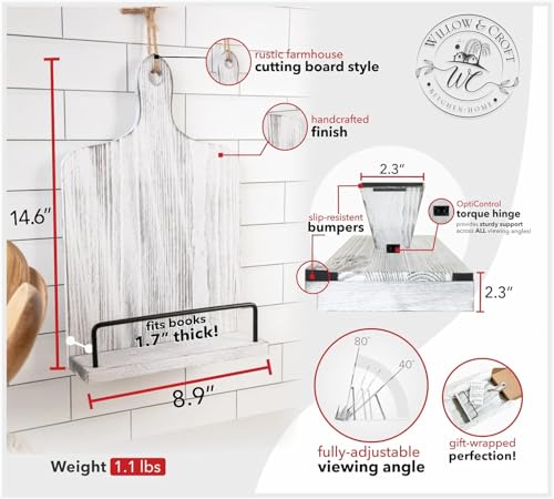 Willow & Croft Premium Cook Book Stand. Farmhouse Cutting Board Stand Cookbook Holder, Recipe Book Holder. Distressed Cookbook Stand for Kitchen Counter. Rustic Home Decor, Adjustable Display Stand. - style: White - Cutting Board Design