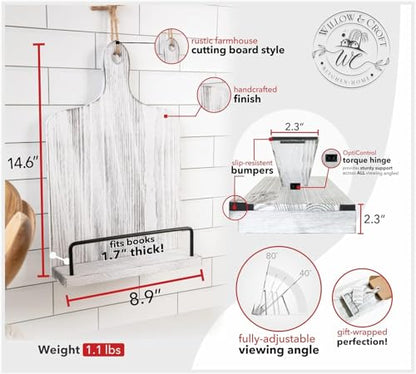 Willow & Croft Premium Cook Book Stand. Farmhouse Cutting Board Stand Cookbook Holder, Recipe Book Holder. Distressed Cookbook Stand for Kitchen Counter. Rustic Home Decor, Adjustable Display Stand. - style: White - Cutting Board Design