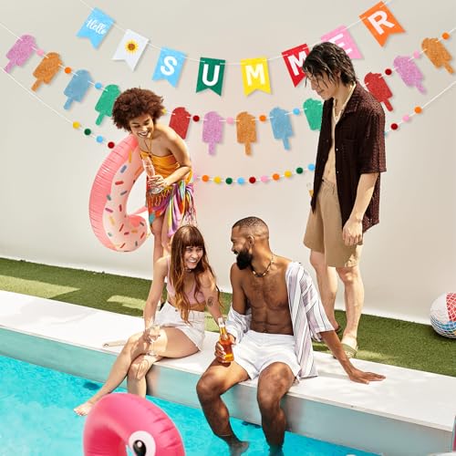 Chumia "hello Summer" ice pop Sucker Banner with Pom-pom Bunting Sucker for Party Wall Decor Hello Summer Banner for Holiday Birthday Carnival Photo Props Farmhouse Indoor Mantels Displays