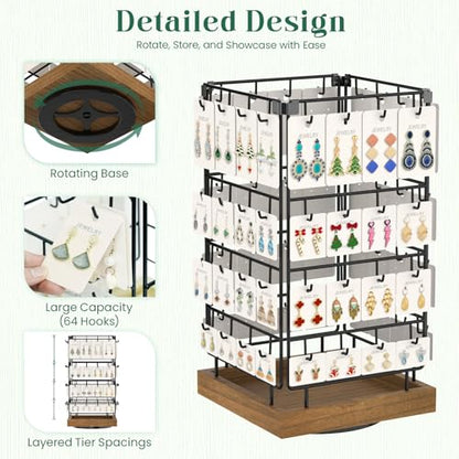 EsLuker.ly Rotating Earring Display Holder Stand for Vendors Events Selling, Large Capacity 64 Hooks Jewelry Rack with Wooden Base for Earring Card Sales, Enhances Retail Display Visibility - color: Brown+Black