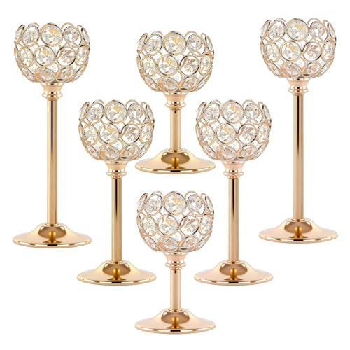 Crystal Candle Holders 2 Set of 6 - Gold Vintage Hollow Ball Candle Stand for Table Centerpiece, Crystal Metal Tealight Candlestick for Wedding, Dining Room Decor - color: Golden, size: 2 Sets(6 Pcs)