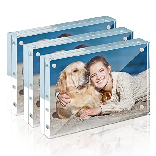 TWING 3 Pack 4 x 6 Acrylic Frame,Acrylic Picture Frames Horizontal Magnet Double Sided 4x6 Picture Frame,10+10MM Thick Clear Frameless Desktop Display Magnetic Block Photo Frame Gift Ideal - size: 4x6" 3pack
