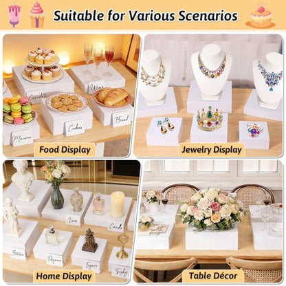 Billbotk 8 Pieces White Buffet Risers with Label Stands, Serving Tong and Markers for Party, Display Stands for Jewelry Display, Home Display, Table décor(12"/11"/ 10.5" /9.5"/ 8.5" /7.5" 6.8"/ 5")