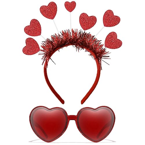 Heart Headband and Heart Sunglasses for Valentine, Wedding, Birthday, Party - One Size Fits Most - Red