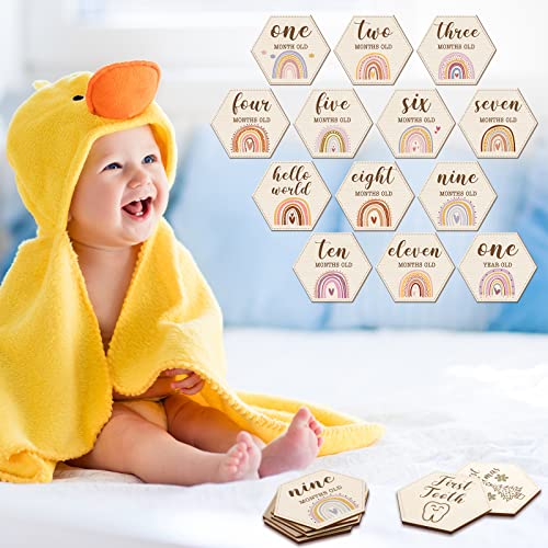 Amyhill 13 Pcs Wooden Baby Monthly Milestone Cards Signs Double Sided Milestone Discs Baby Shower Boho Photo Props Gifts Birth Announcement Signs Pregnancy Journey Growth Marker(Rainbow)