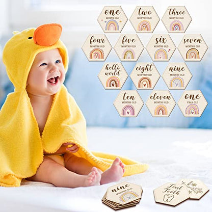 Amyhill 13 Pcs Wooden Baby Monthly Milestone Cards Signs Double Sided Milestone Discs Baby Shower Boho Photo Props Gifts Birth Announcement Signs Pregnancy Journey Growth Marker(Rainbow)