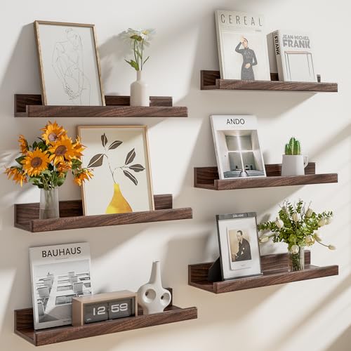Heimlove Floating Shelves Set of 6, 16" Wall Mounted Picture Ledge, Display Shelf Organizer for Decor Storage, Wall Mounted Shelves for Living Room, Bedroom, Bathroom, Kitchen (Walnut) - color: Walnut, size: 16 inches set of 6