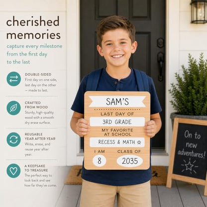 Kate & Milo First & Last Day Board, Dry Erase, Reversible Dry Erase Board, Photo Prop for Kids, Kindergarten Through High School, K-12, Reusable and Erasable - style: Dry Erase School Days Board
