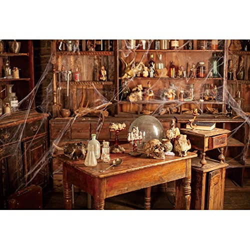 5x3ft Old Abandoned Chemistry Laboratory Photography Backdrop Background Poison Bottles Skeleton Lab Scary Halloween Party Decorations Spooky Witch's Room Black Magic Lab Backdrop Banner - size: 5x3ft