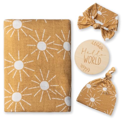 Miaoberry 100% Organic Sunshine Baby Muslin Swaddle Blankets for Boy or Girl with Hat and Wooden Hello World Newborn Sign, Gender Neutral Newborn Photography Outfits, Unisex Birth Announcement Sign - color: Sunrays Mustard