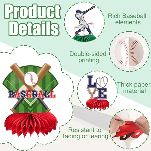 kockuu 12 Pcs Baseball Centerpieces for Party Table Decorations, Double-sided Baseball Honeycomb for Birthday Sports Theme Decor Supplies Favors - style: Baseball