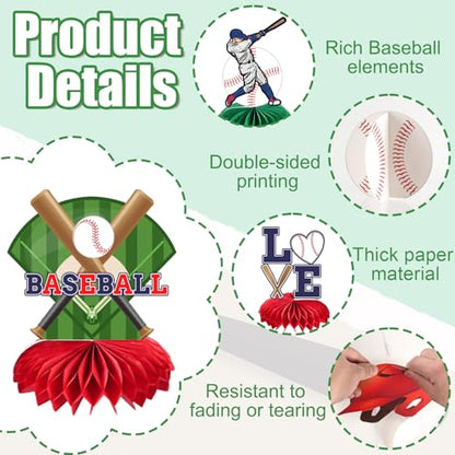 kockuu 12 Pcs Baseball Centerpieces for Party Table Decorations, Double-sided Baseball Honeycomb for Birthday Sports Theme Decor Supplies Favors - style: Baseball
