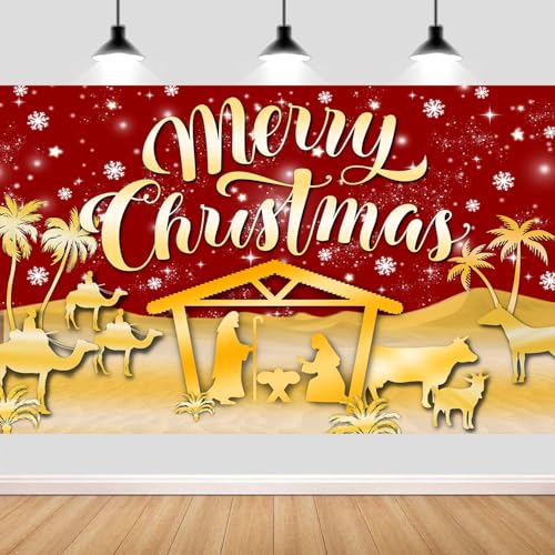 7X5ft Christmas Nativity Backdrop Red Jesus Holy Nativity Scene Photography Background for Xmas Winter Religious Holidays Party Decorations Photo Shoot Props Supplies - color: Red, size: 7X5FT
