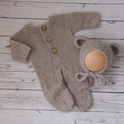 Newborn Photography Props Boys Girls Outfits Mohair Bear Hat Bonnet & Footed Romper Bodysuit Photoshoot Costume Set - color: Gray