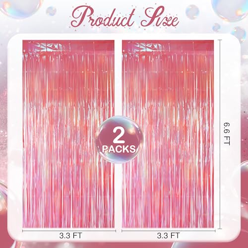 2 Pack Pink Iridescent Streamers Backdrop, 3.3x6.6ft Foil Fringe Curtains Holographic Door Tinsel Streamers for Birthday, Wedding, Holiday, Bachelorette, Baby Shower Theme Party Decorations - color: Pink, size: 2 Pack