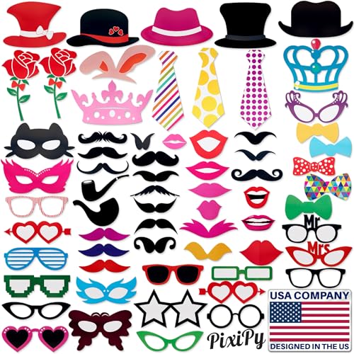 Photo Booth Props - 66 Piece Multicolor Kit - Fun Selfie Party Accessories - Mustaches, Hats, Lips & More - by PixiPy - color: Multicolored, size: 1 Set (66 PCs)