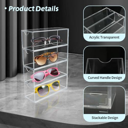 RETON 5 Sets Acrylic Sunglasses Organizers with 20 Drawers, Clear Eyeglass Holder for Glasses Display, Plastic Makeup Storage for Eyewear Watch Art Craft Cosmetic Jewelry Office Desktop
