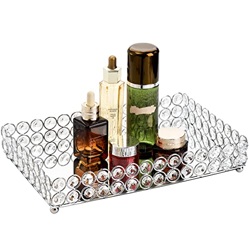 Hedume Crystal Cosmetic Mirrored Makeup Tray, 12.3" x 8", Large Jewelry Organizer, Ornate Decorative Vanity Tray for Dresser, Countertop, Wedding, Home, Bathroom - size: 12.3" x 8" x 2.3"