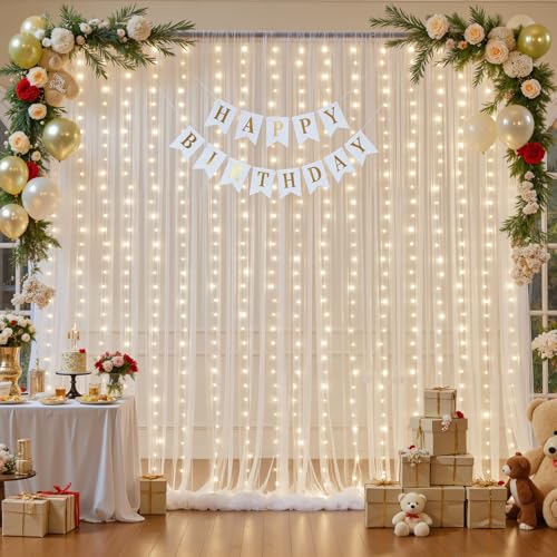 Ivory Tulle Backdrop Curtains with Lights String for Parites Wedding 10×10ft Sheer Backdrop Curtains for Baby Shower Birthday Party Photo Shoot Background Decorations - color: Ivory, size: 10 ft X 10 ft(2 Panels 5ft X 10ft)