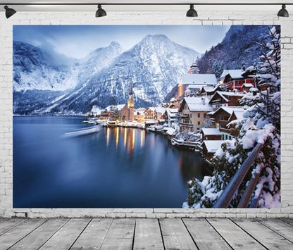 10x6.5ft Fabric Winter Mountain Village Backdrop Photography Austria Hallstatt Alps Mountain Background Austrian Winter Scenery Decoration Xmas Party Supplies Photoshoot Studio Props - size: 10x6.5FT