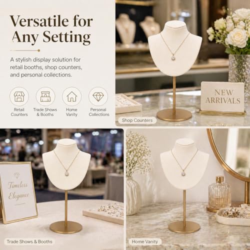 Necklace Display Stand For Selling Velvet Chain Jewelry Bust Holder Organizer With Stainless Steel Stand Jewelry Display - color: Beige-White-9.84in