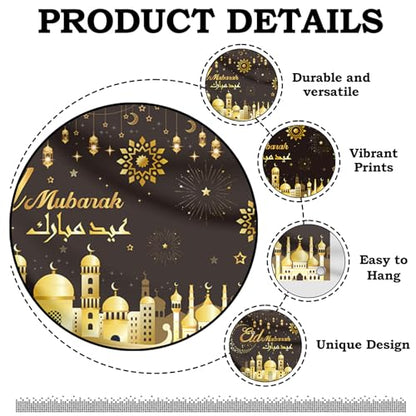 Ramadan Eid Mubarak Decorations - 5.9 x 3.6 Ft Gold Black Muslim Islamic Photography Backdrop Photo Booth Prop Decor Set Eid Al Fitr عيد مبارك Arabic Version Party Supplies for Home