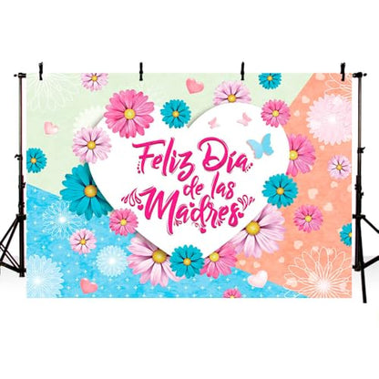MEHOFOND 7x5ft Feliz Dia De La Madre Backdrop Happy Mother's Day Photography Background Pink Blue Daisy Mothers Day Party Decoration Banner Best Mom Ever Backdrop Photo Booth Props - color: Colourful