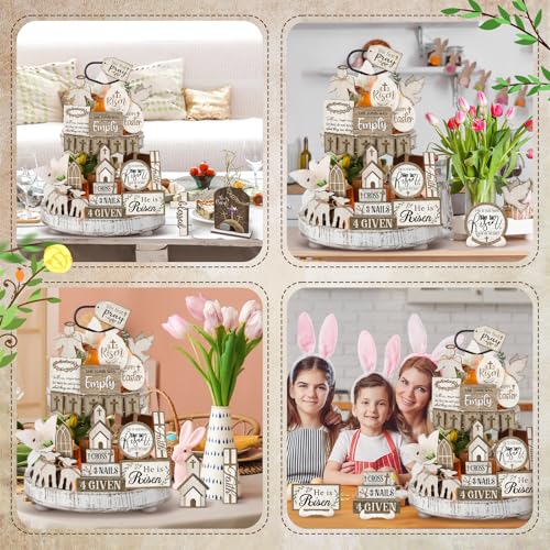 Yuntau 24 Pcs Easter Tiered Tray Decor Religious Easter Decorations He is Risen Cross Tray Decoration Sets Christian Cross Table Wooden Sign Farmhouse Table Decor for Home Kitchen Office Holiday - style: Rustic