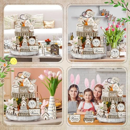 Yuntau 24 Pcs Easter Tiered Tray Decor Religious Easter Decorations He is Risen Cross Tray Decoration Sets Christian Cross Table Wooden Sign Farmhouse Table Decor for Home Kitchen Office Holiday - style: Rustic