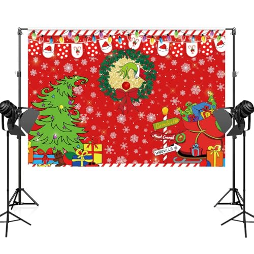 9x6ft Merry Grinchmas Backdrop Red Christmas Backdrop Xmas Tree Snow Winter Signpost Background for Christmas Family Party Photo Studio Prop - size: 9x6ft