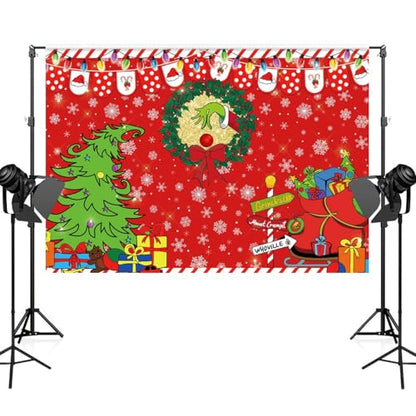 9x6ft Merry Grinchmas Backdrop Red Christmas Backdrop Xmas Tree Snow Winter Signpost Background for Christmas Family Party Photo Studio Prop - size: 9x6ft
