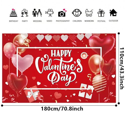 Happy Valentine's Day Banner - Large, 71x43 Inch | Red Hearts Balloons Backdrop Romantic Photo Booth Props -14th February Party Decorations