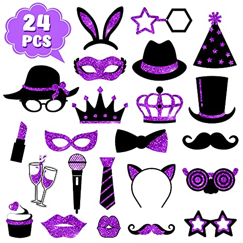 Zonon 24 Pcs Funny Photo Booth Props Class of 2026 Graduation Birthday Wedding Family Class Reunion Prom Disco Party Celebration Decoration Supplies Mix of Hats, Lipstick, Tie(Black and Purple) - color: Black and Purple