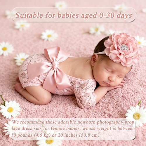 Newborn Photography Outfits, Cute Baby Lace Ribbon Rompers with Headband for Infant Photography Props - color: Pink