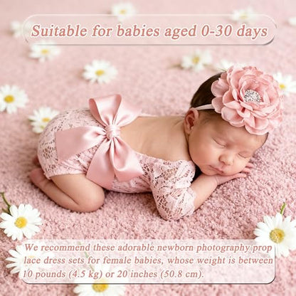 Newborn Photography Outfits, Cute Baby Lace Ribbon Rompers with Headband for Infant Photography Props - color: Pink