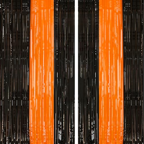 PIGETALE 2 Pack Black and Orange Tinsel Foil Fringe Curtain, 3.2Ftx8.2Ft Halloween Backdrop Curtains Photo Booth Props Streamers Christmas Birthday Party Anniversary Wedding Retirement Decorations - color: Orange and Black