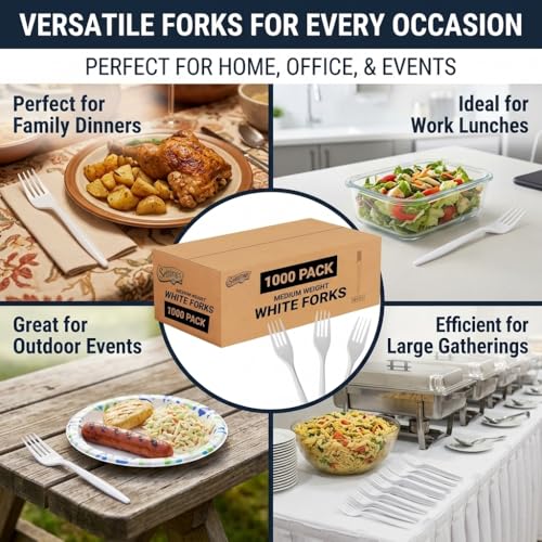 1000 Count Medium Weight White Plastic Forks Bulk Plastic Silverware For Parties, Weddings, Catering, Take out Single-Use Forks - size: 1 Case Forks (1000)