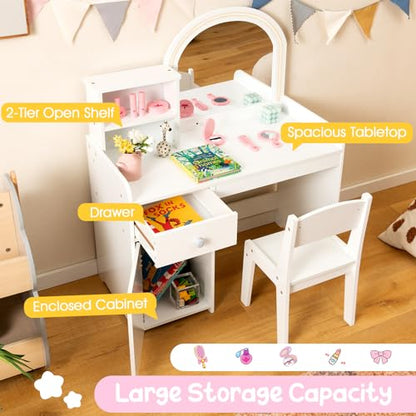 Costzon Kids Vanity with Lights, 2 in 1 Princess Makeup Desk & Chair Set with Lighted Mirror, Drawer, Storage Shelves & Cabinet, Toddler Dressing Table, Vanity Set for Little Girls, White - style: White with Cabinet
