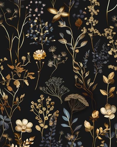 Black Floral Peel and Stick Wallpaper,Vintage Glod Leaf 17.5" x 78" Contact Paper，Dark Boho Wall Paper Vinyl for Bedroom Bathroom Waterproof Self Adhesive Removable Renter Friendly - color: Multicolor, size: 17.5" x 78"
