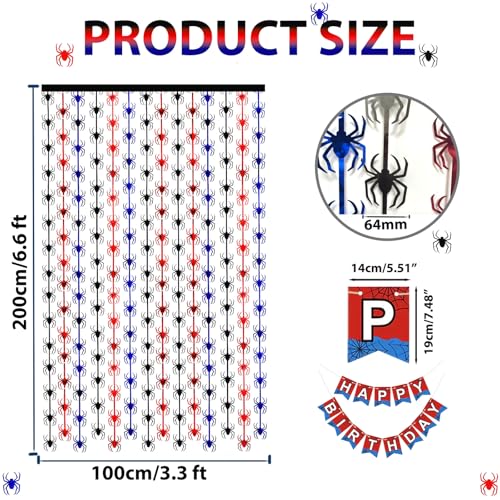 OQOQ Spider Birthday Decorations, 1 Set Banner & 2 Pcs Red Black Blue Spider Tinsel Foil Fringe Curtains Backdrops (3.3x6.6 ft), Large Birthday Photo Booth Props Indoor Party Boy Room Decor - color: Black Blue Red