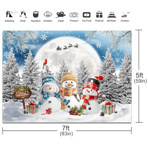 Christmas Snowman Backdrop 7x5ft Merry Christmas Snowy Forest Photography Background Party Decorations Winter Wonderland Xmas Moon Banner Photo Booth Props - size: 7x5ft