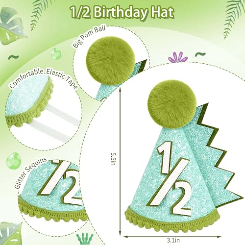THAWAY 1/2 Birthday Dinosaur Half Birthday Decorations - Green It's My 1/2 Birth Banner Glitter Cake Topper Tassel Wood Bead High Chair Banner & Cone, Hat Halfway to One Party Supplies - color: Dinosaur Green