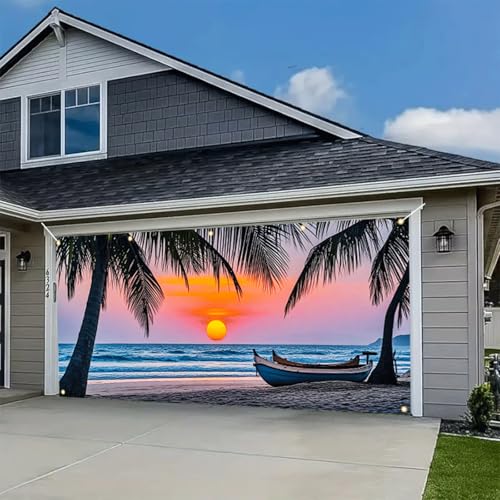 HOMETITUTE Beach Sunset Garage Door Banner 13x6ft Summer Tropical Palm Tree Ocean Backdrop for Summer Outdoor Decor Vacation Luau Party Poolside Yard Display Photo Prop Background