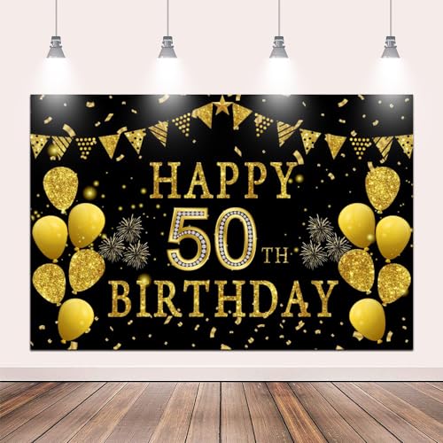 5x3ft Happy 50th Birthday Party Photography Backdrop, Glitter Black and Gold Balloons Background for Woman Man Fabulous 50 Bday Shining Diamond Fifty Years Old Birthday Party Supplies - color: 50th, size: 5x3ft