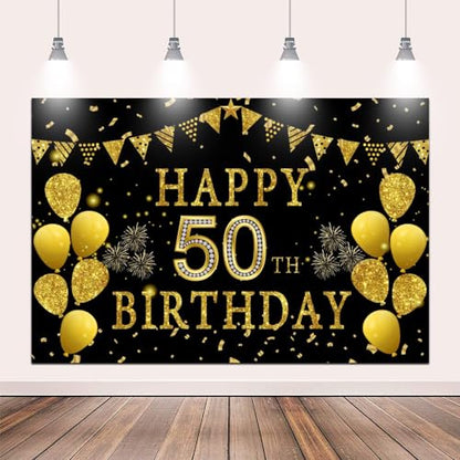 5x3ft Happy 50th Birthday Party Photography Backdrop, Glitter Black and Gold Balloons Background for Woman Man Fabulous 50 Bday Shining Diamond Fifty Years Old Birthday Party Supplies - color: 50th, size: 5x3ft