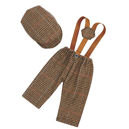 Newborn Monthly Baby Photo Props Stripe Checked Flat Cap Newsboy Suspender Pants Romper for Photography Outfits - color: Dark Coffee