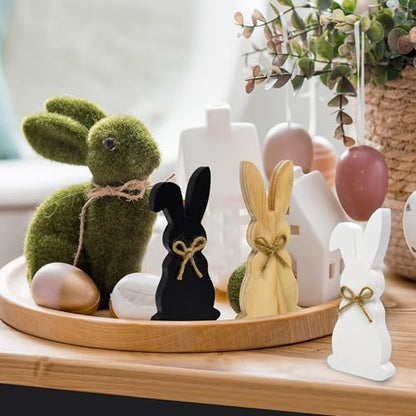 Easter Wooden Bunny Decor Set of 3 Rustic Farmhouse Spring Rabbit Table Decorations Wood Block Figurines Tiered Tray Shelf Mantel Display