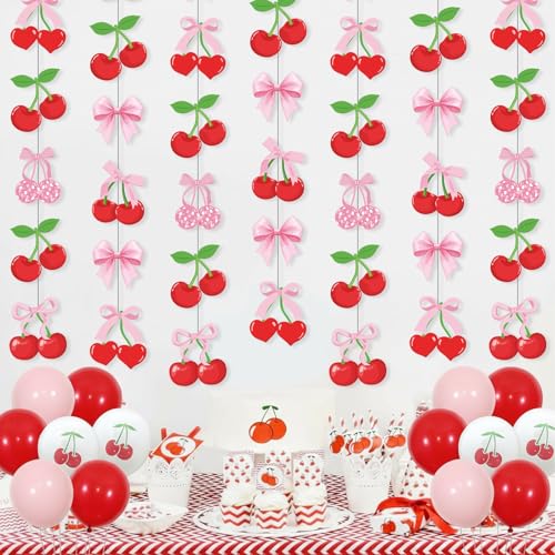 Xinnun Cherry Party Decorations Pink Bow Hanging Banners Garland Cherry Baby Shower Decorations Cutouts Ribbon Streamers for Berry Birthday Bridal Engagement Bachelorette Wedding Party Decor - style: Cherry