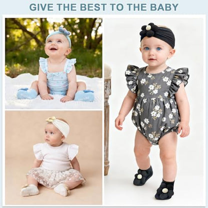 CÉLLOT Baby Girl Headband and Socks, Non-Slip Floral Socks and Soft Floral Nylon Hairbands for Babies Infants and Toddlers(White,Blue,Black) - color: White+Blue+Black